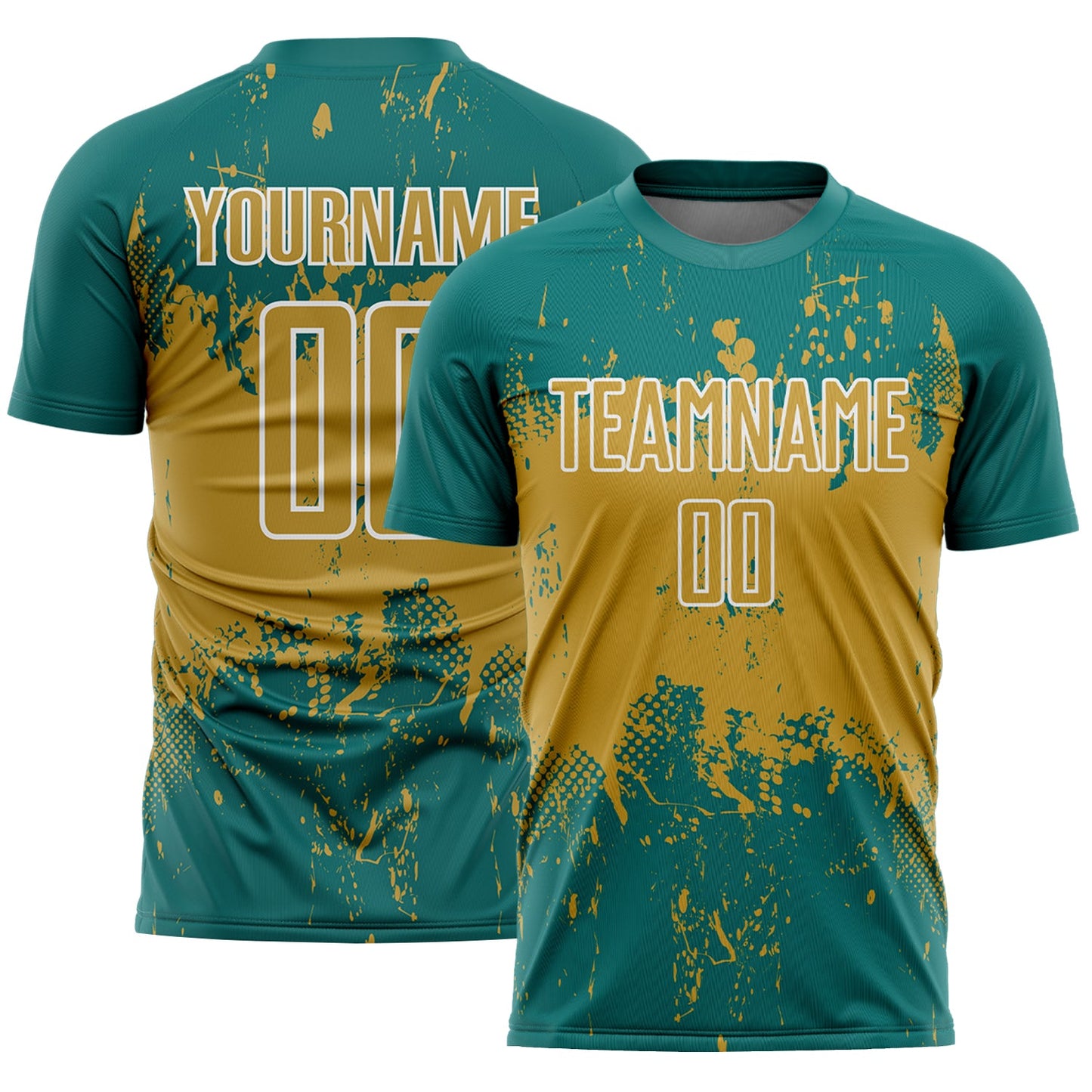 Custom Teal Old Gold-White Abstract Splatter Grunge Art Sports Sublimation Soccer Uniform Jersey - Main View