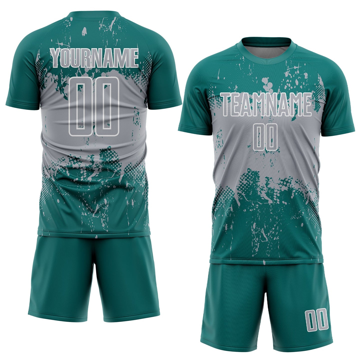 Custom Teal Gray-White Abstract Splatter Grunge Art Sports Sublimation Soccer Uniform Jersey view 2