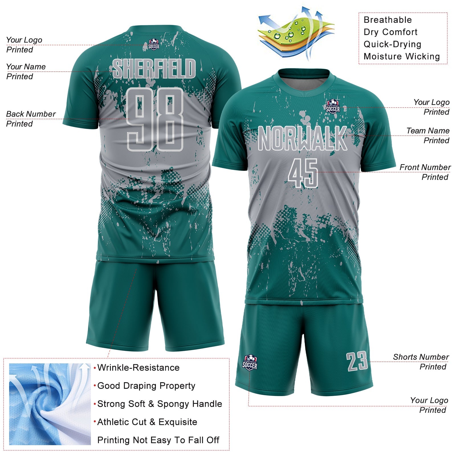 Custom Teal Gray-White Abstract Splatter Grunge Art Sports Sublimation Soccer Uniform Jersey view 4