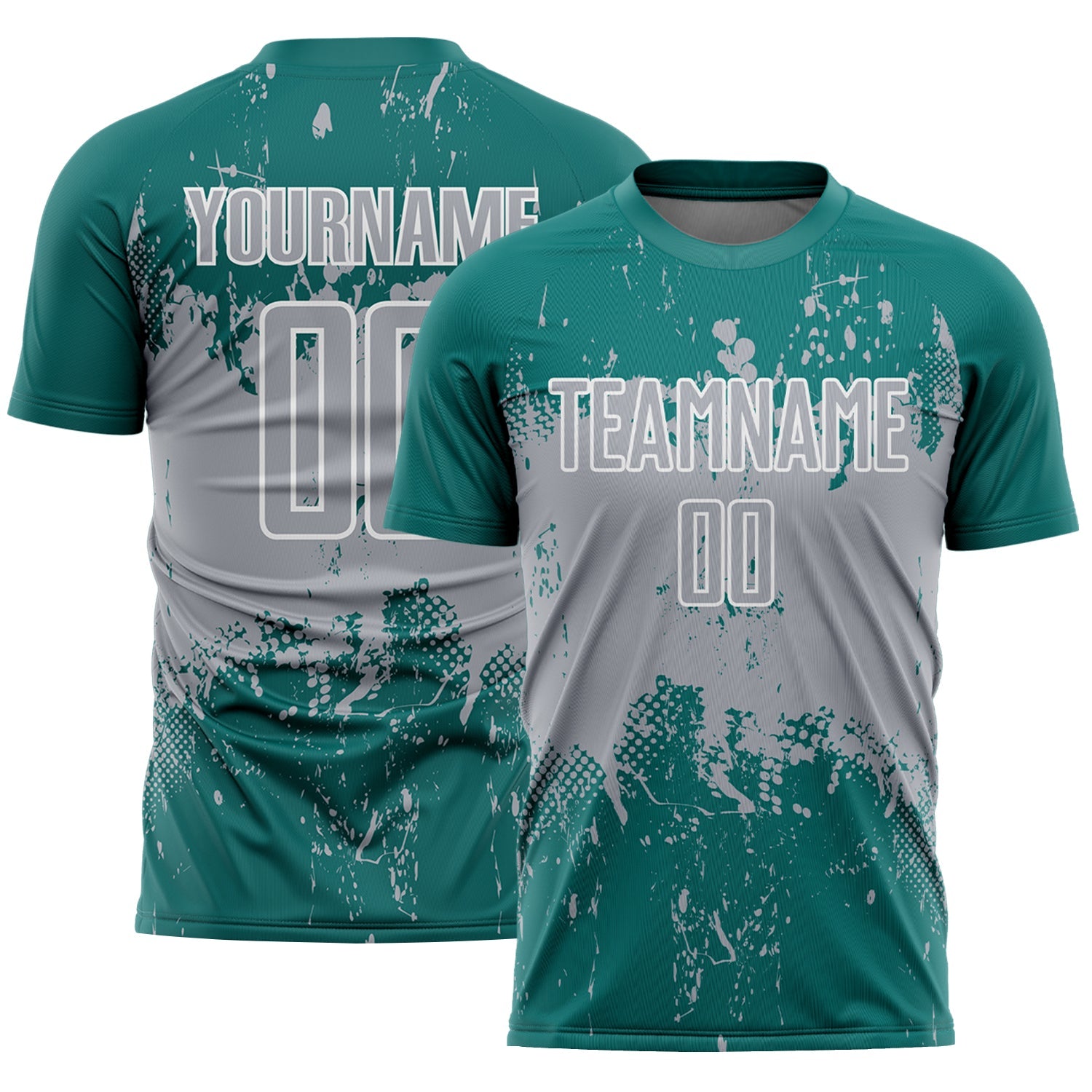 Custom Teal Gray-White Abstract Splatter Grunge Art Sports Sublimation Soccer Uniform Jersey - Main View