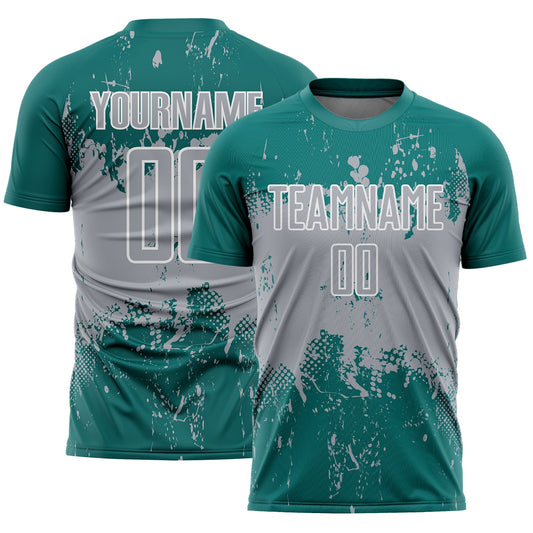 Custom Teal Gray-White Abstract Splatter Grunge Art Sports Sublimation Soccer Uniform Jersey - Main View