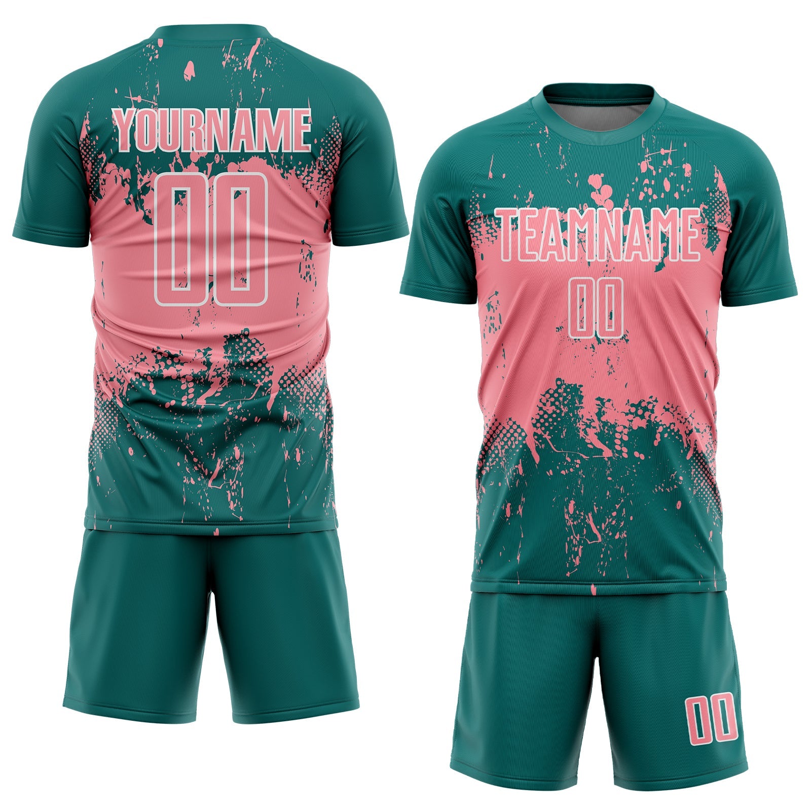 Custom Teal Medium Pink-White Abstract Splatter Grunge Art Sports Sublimation Soccer Uniform Jersey view 2