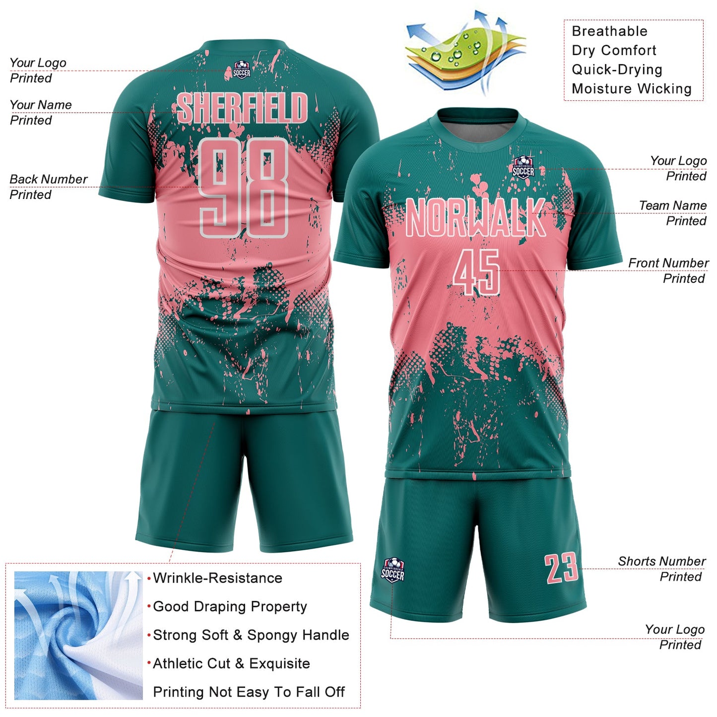Custom Teal Medium Pink-White Abstract Splatter Grunge Art Sports Sublimation Soccer Uniform Jersey view 4