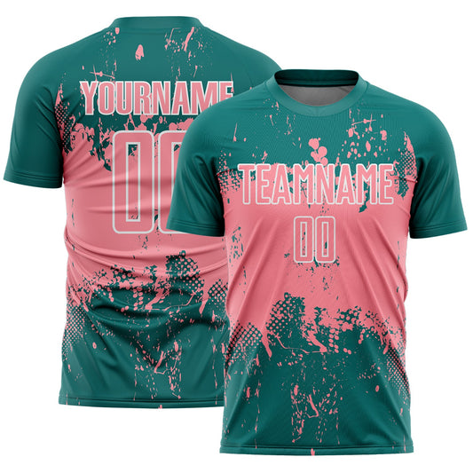 Custom Teal Medium Pink-White Abstract Splatter Grunge Art Sports Sublimation Soccer Uniform Jersey - Main View