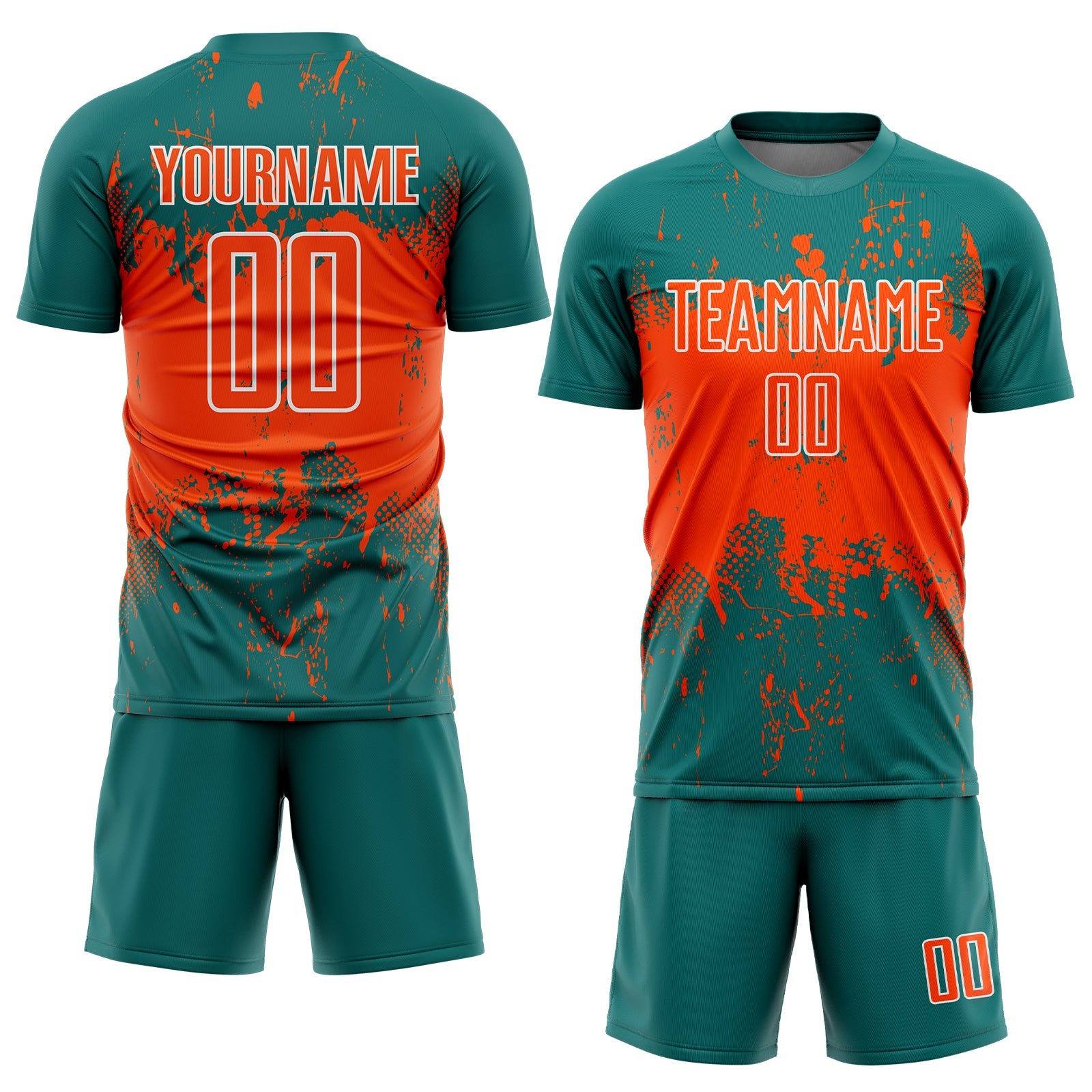 Custom Teal Orange-White Abstract Splatter Grunge Art Sports Sublimation Soccer Uniform Jersey view 2