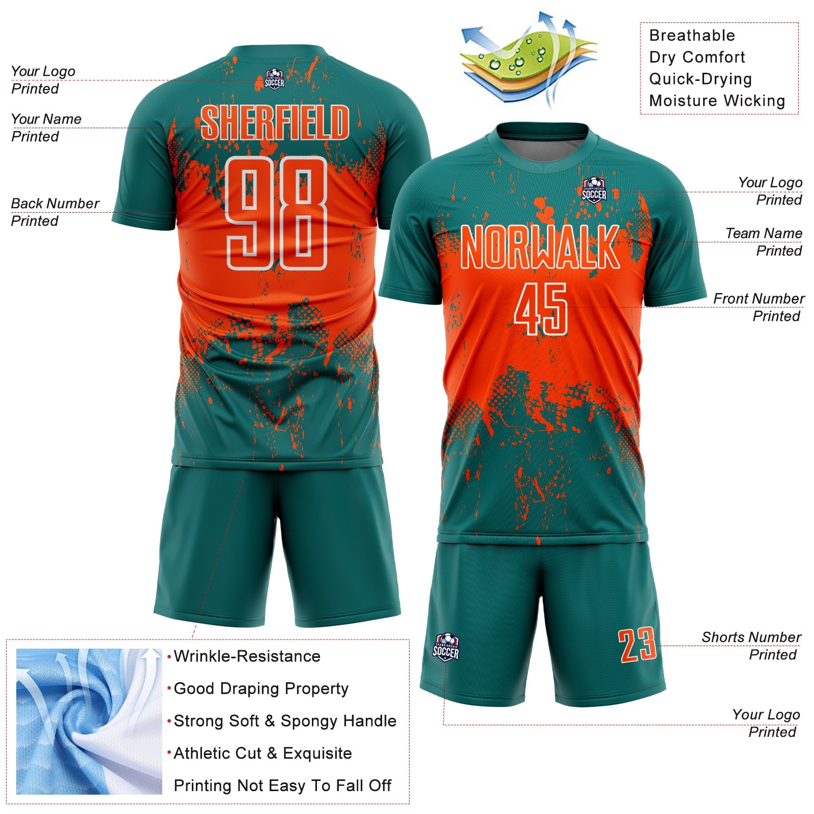 Custom Teal Orange-White Abstract Splatter Grunge Art Sports Sublimation Soccer Uniform Jersey view 4