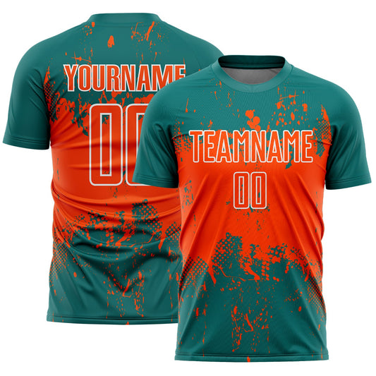 Custom Teal Orange-White Abstract Splatter Grunge Art Sports Sublimation Soccer Uniform Jersey - Main View