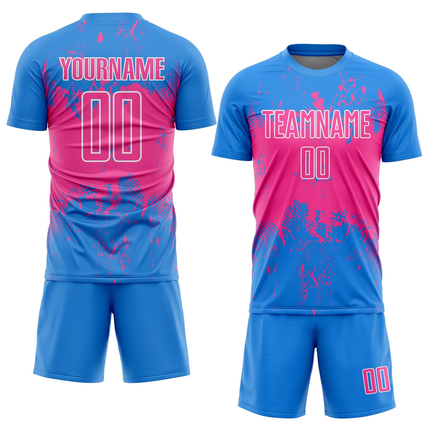 Custom Powder Blue Pink-White Abstract Splatter Grunge Art Sports Sublimation Soccer Uniform Jersey view 2