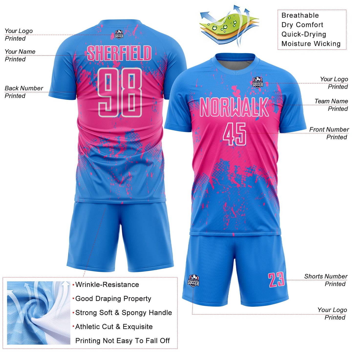 Custom Powder Blue Pink-White Abstract Splatter Grunge Art Sports Sublimation Soccer Uniform Jersey view 4