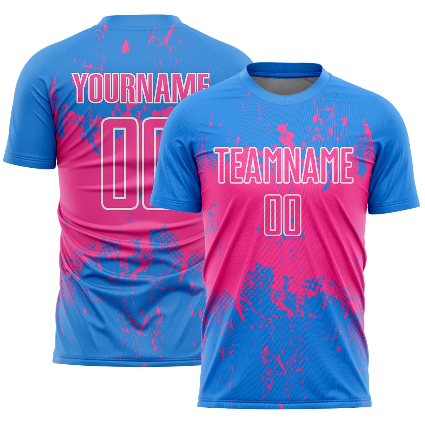 Custom Powder Blue Pink-White Abstract Splatter Grunge Art Sports Sublimation Soccer Uniform Jersey - Main View