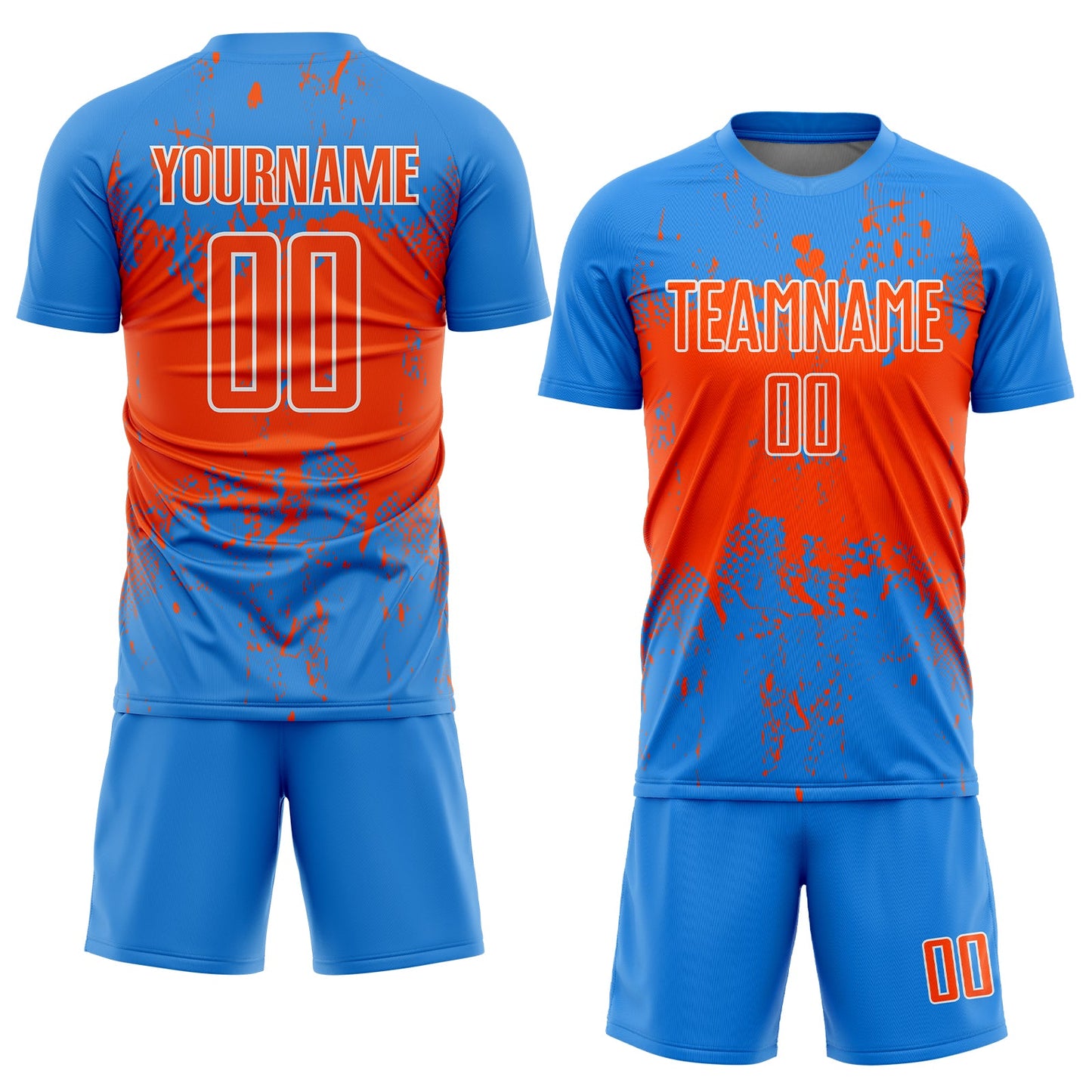 Custom Powder Blue Orange-White Abstract Splatter Grunge Art Sports Sublimation Soccer Uniform Jersey view 2