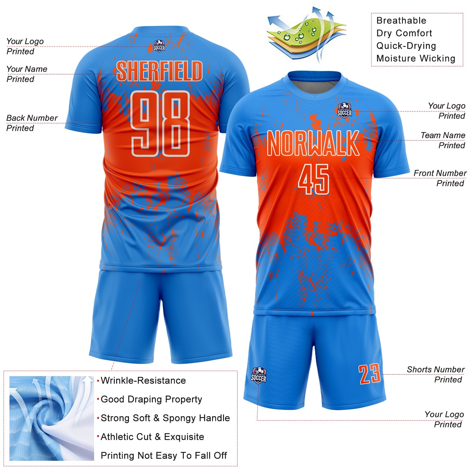 Custom Powder Blue Orange-White Abstract Splatter Grunge Art Sports Sublimation Soccer Uniform Jersey view 4