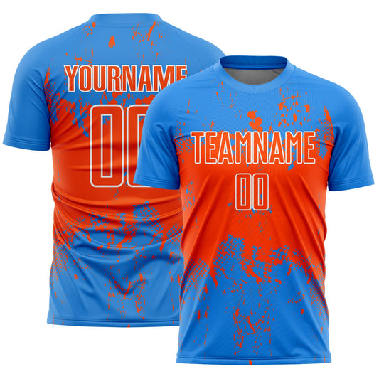 Custom Powder Blue Orange-White Abstract Splatter Grunge Art Sports Sublimation Soccer Uniform Jersey - Main View