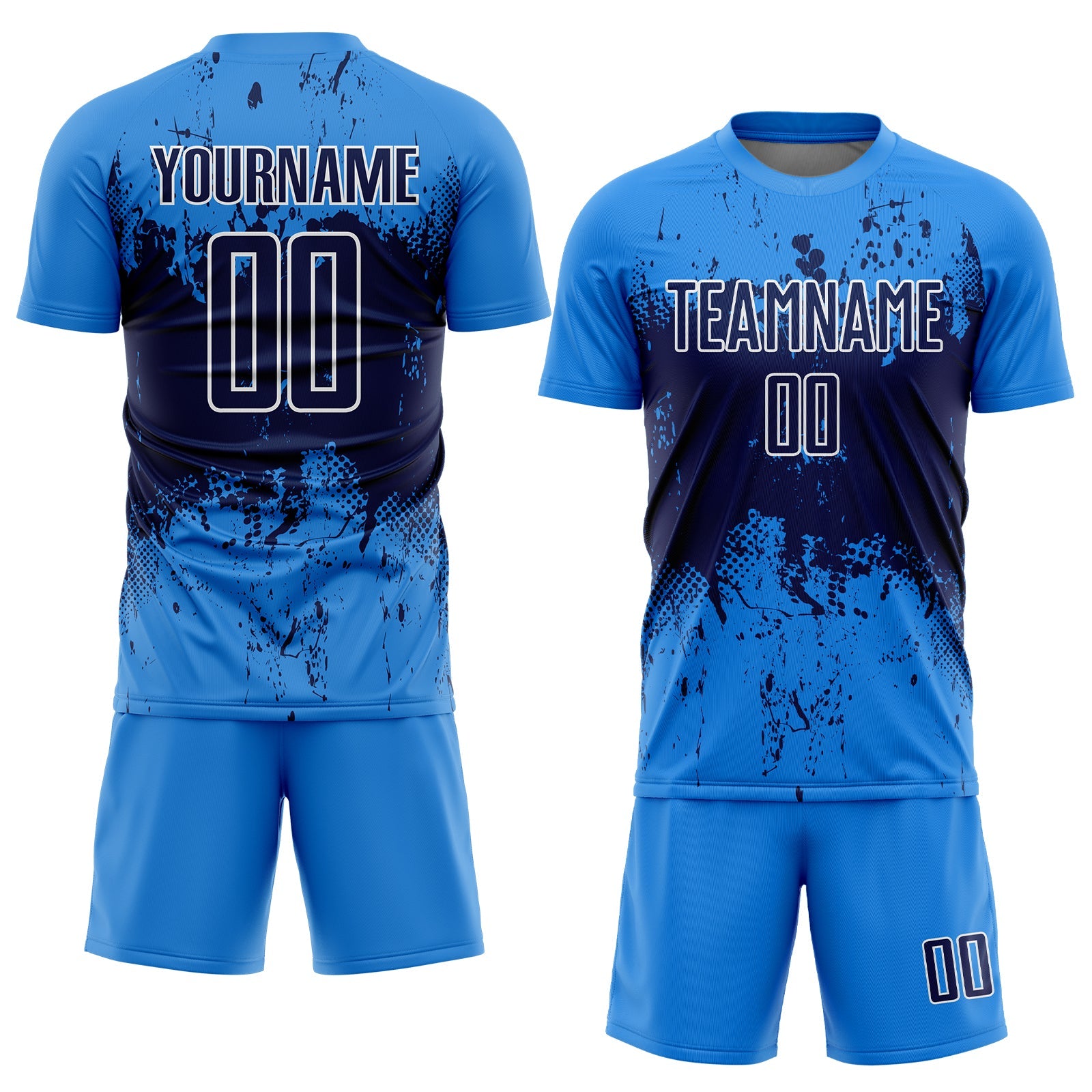 Custom Powder Blue Navy-White Abstract Splatter Grunge Art Sports Sublimation Soccer Uniform Jersey view 2