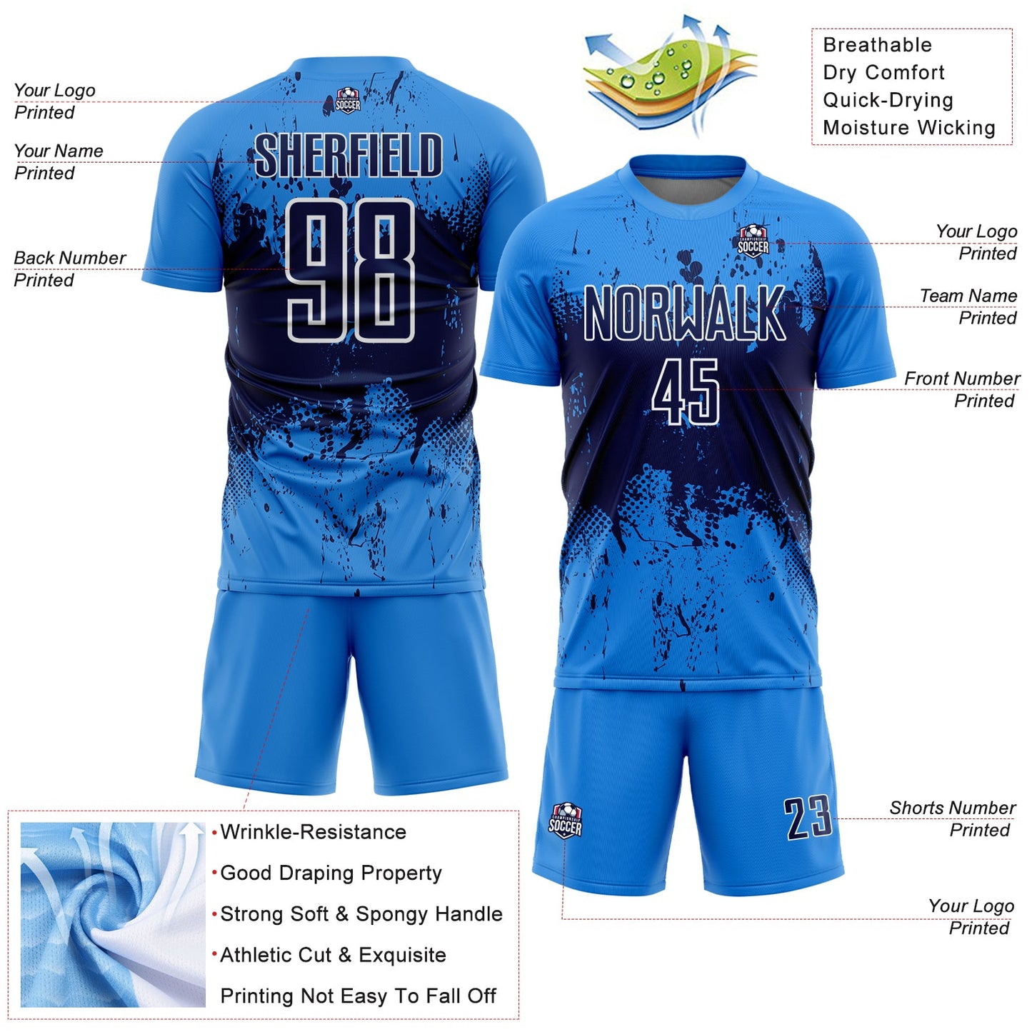 Custom Powder Blue Navy-White Abstract Splatter Grunge Art Sports Sublimation Soccer Uniform Jersey view 4