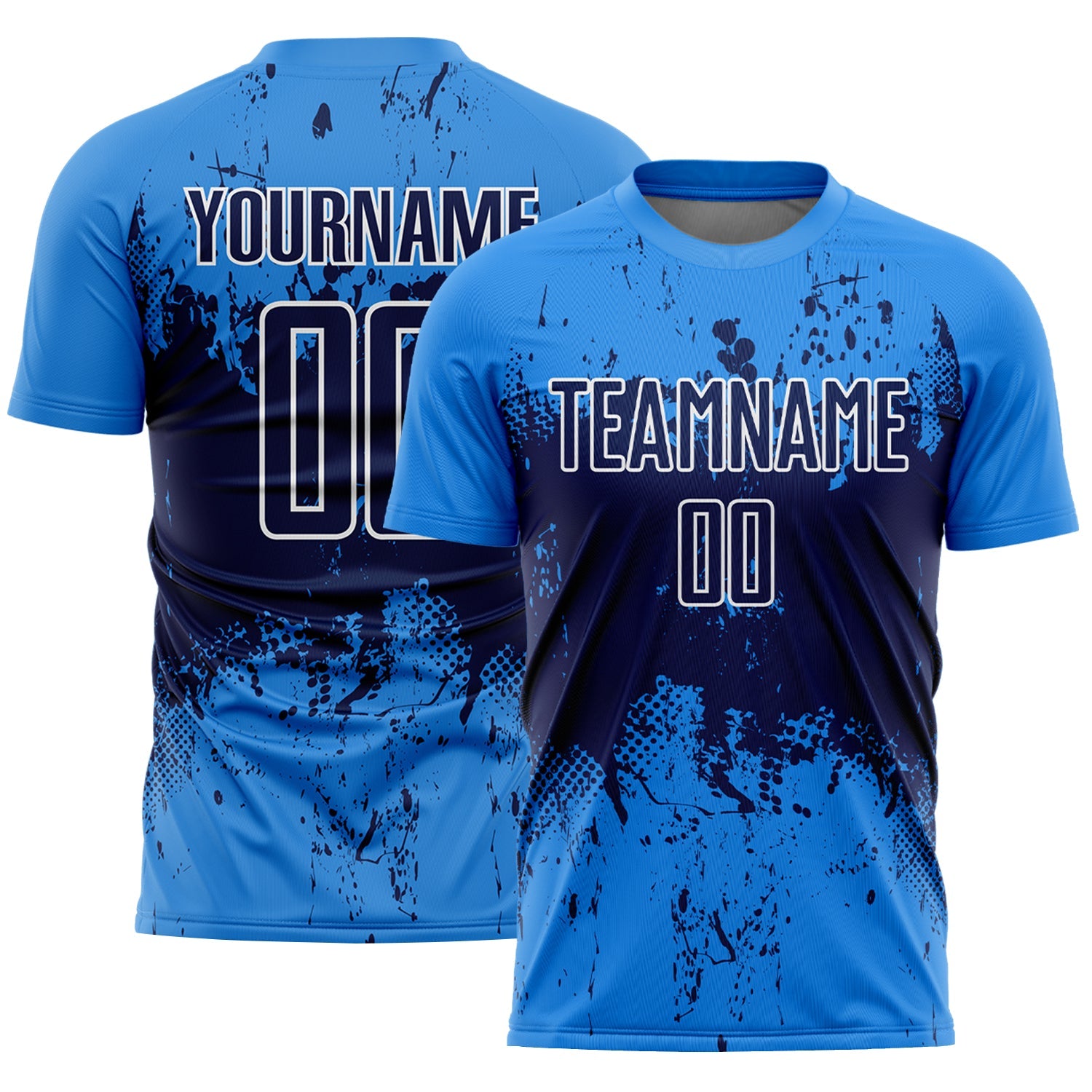 Custom Powder Blue Navy-White Abstract Splatter Grunge Art Sports Sublimation Soccer Uniform Jersey - Main View