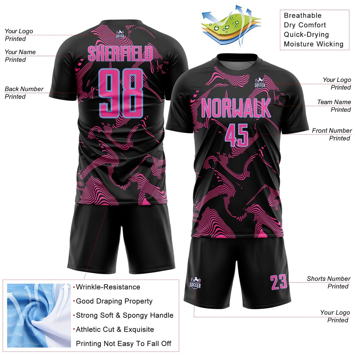 Custom Black Pink-Light Blue Curve Lines Sports Sublimation Soccer Uniform Jersey view 4
