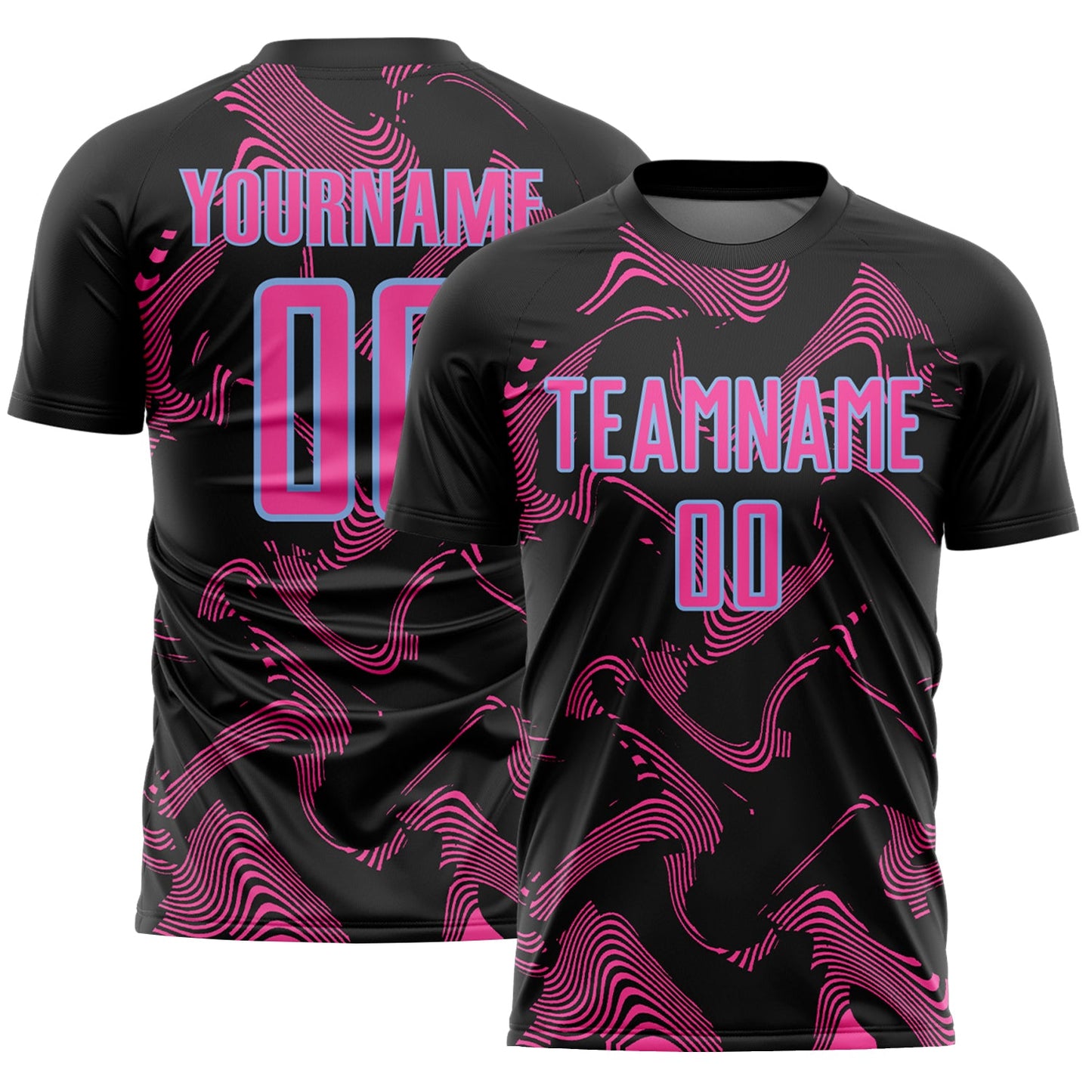 Custom Black Pink-Light Blue Curve Lines Sports Sublimation Soccer Uniform Jersey - Main View