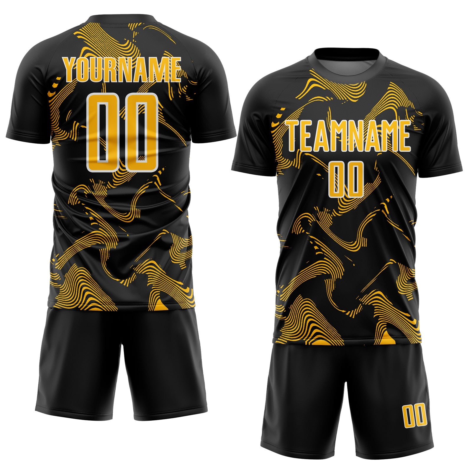 Custom Black Gold-White Curve Lines Sports Sublimation Soccer Uniform Jersey view 2