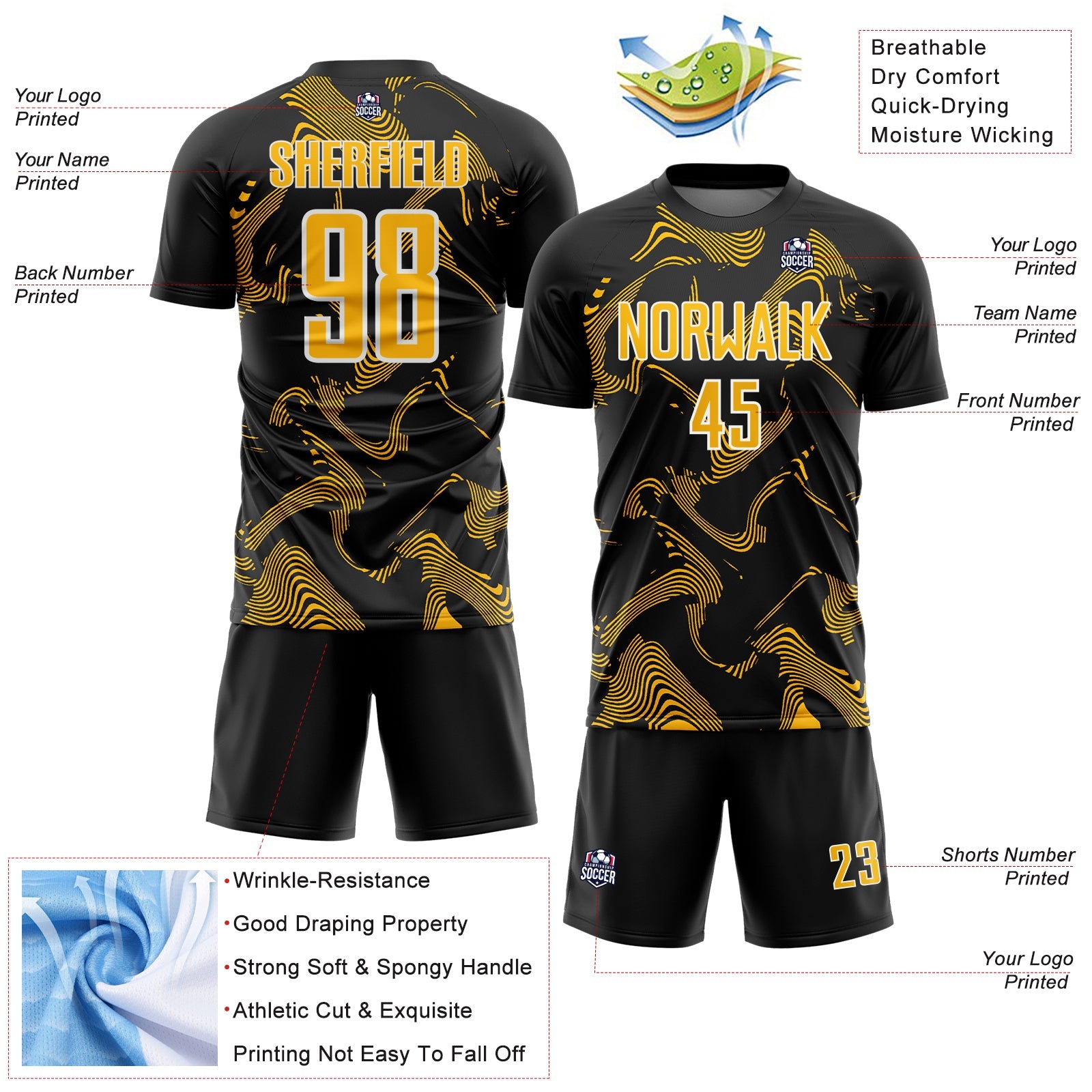 Custom Black Gold-White Curve Lines Sports Sublimation Soccer Uniform Jersey view 4