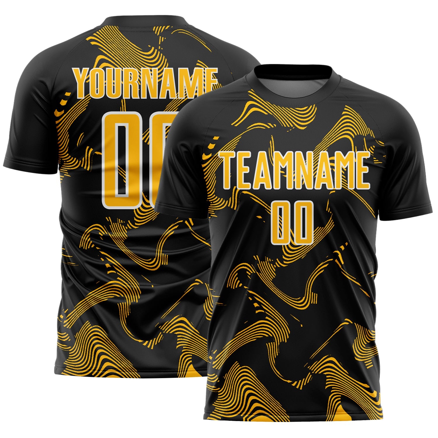 Custom Black Gold-White Curve Lines Sports Sublimation Soccer Uniform Jersey - Main View
