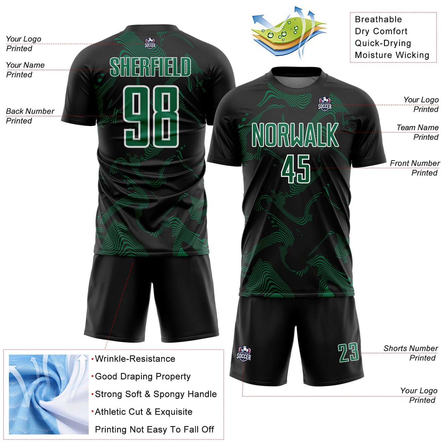 Custom Black Kelly Green-White Curve Lines Sports Sublimation Soccer Uniform Jersey view 4