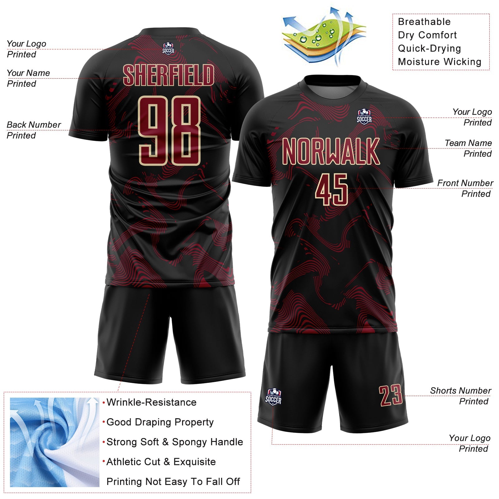 Custom Black Crimson-Cream Curve Lines Sports Sublimation Soccer Uniform Jersey view 4