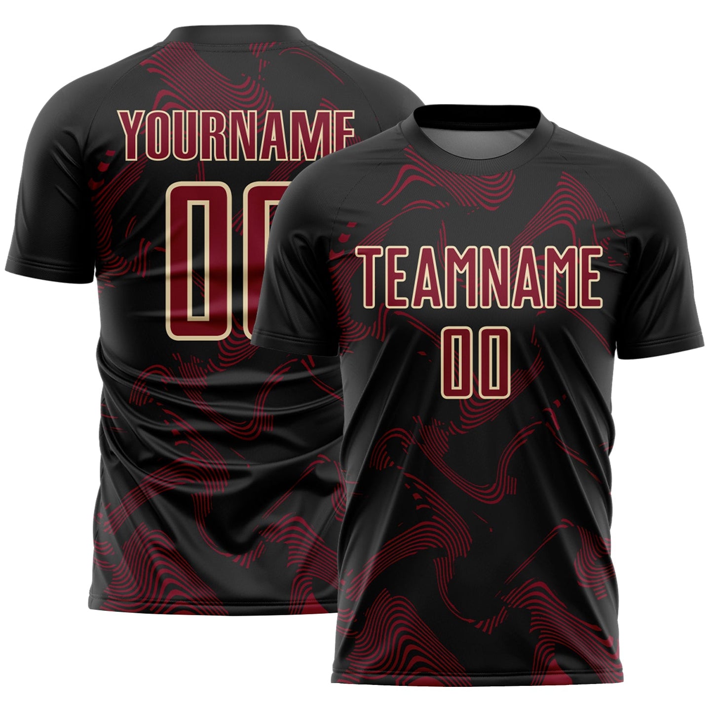 Custom Black Crimson-Cream Curve Lines Sports Sublimation Soccer Uniform Jersey - Main View