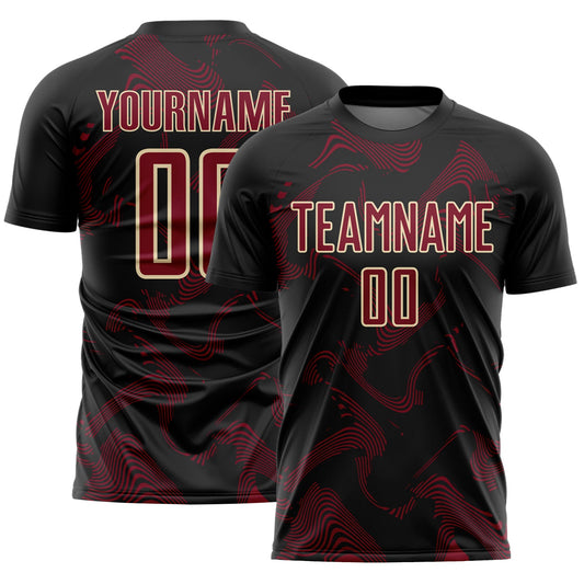 Custom Black Crimson-Cream Curve Lines Sports Sublimation Soccer Uniform Jersey - Main View