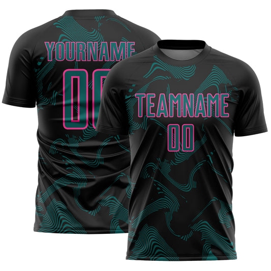 Custom Black Teal-Pink Curve Lines Sports Sublimation Soccer Uniform Jersey - Main View