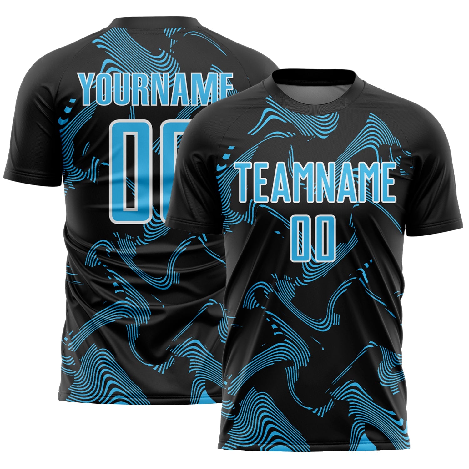 Custom Black Sky Blue-White Curve Lines Sports Sublimation Soccer Uniform Jersey - Main View