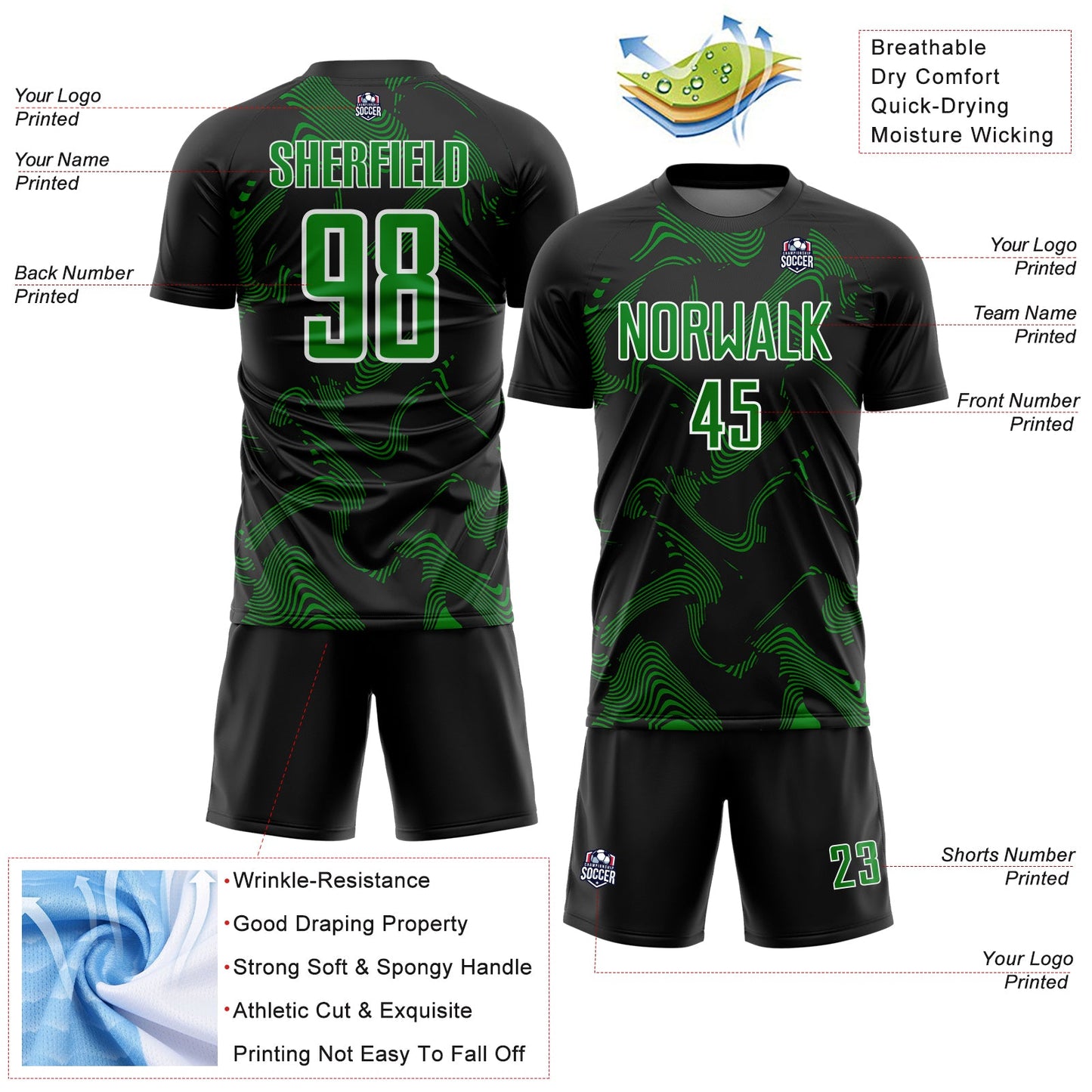 Custom Black Grass Green-White Curve Lines Sports Sublimation Soccer Uniform Jersey view 4