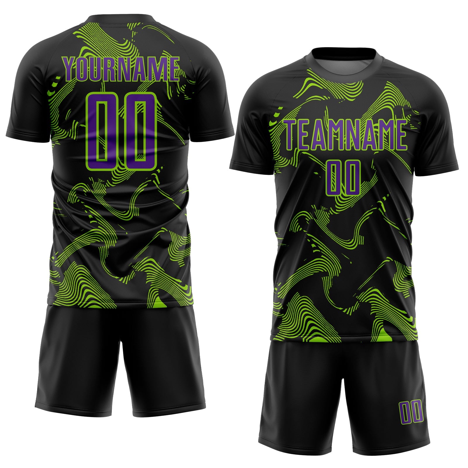 Custom Black Purple-Neon Green Curve Lines Sports Sublimation Soccer Uniform Jersey view 2