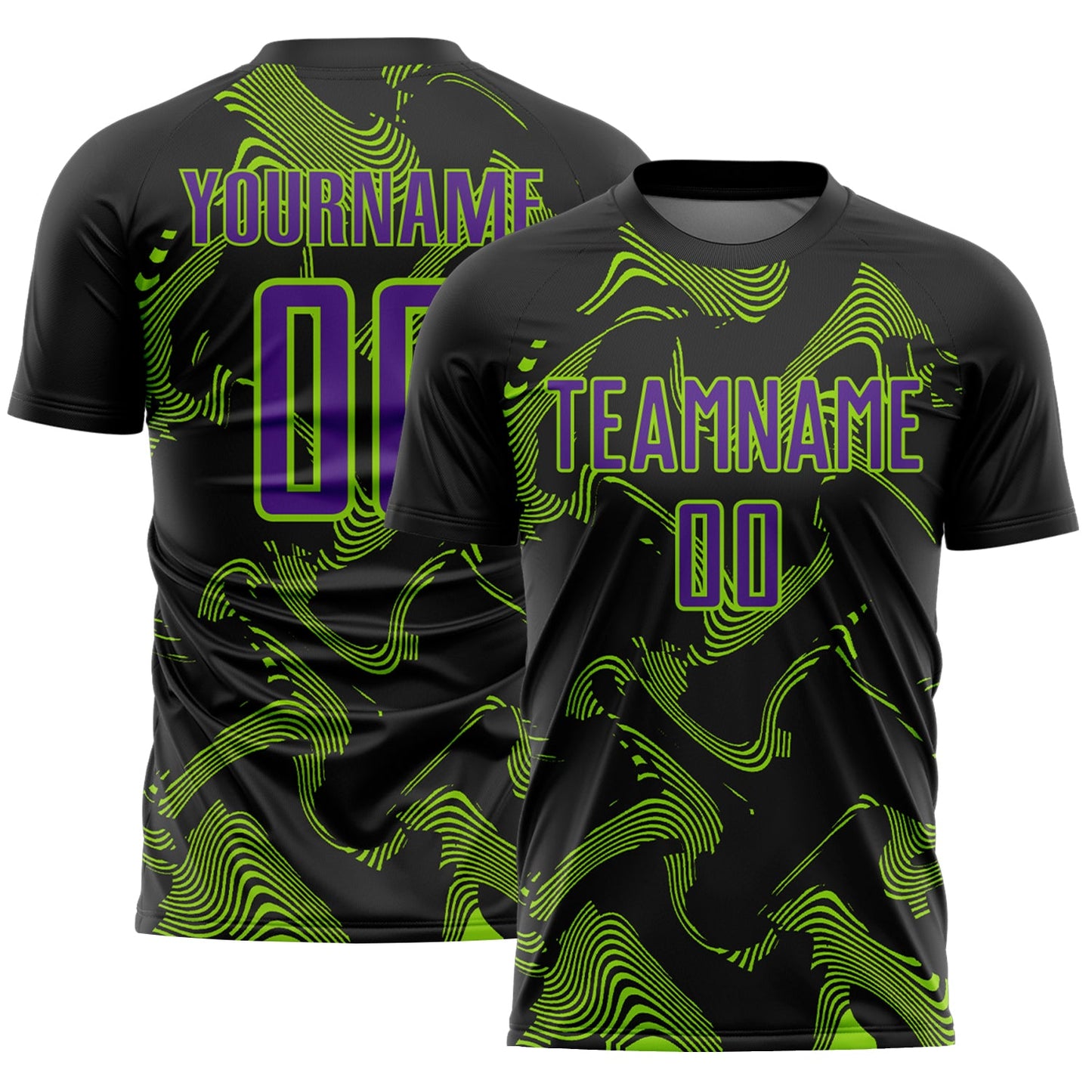 Custom Black Purple-Neon Green Curve Lines Sports Sublimation Soccer Uniform Jersey - Main View