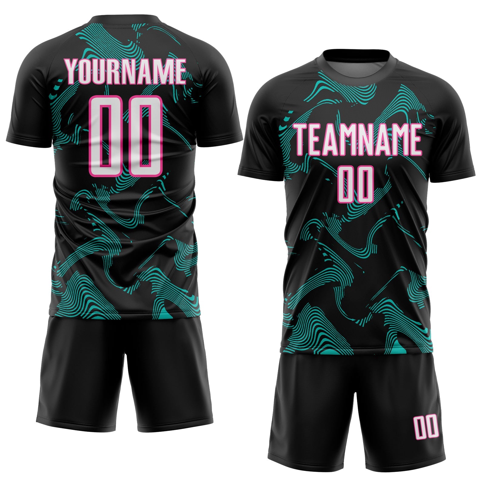Custom Black White Aqua-Pink Curve Lines Sports Sublimation Soccer Uniform Jersey view 2