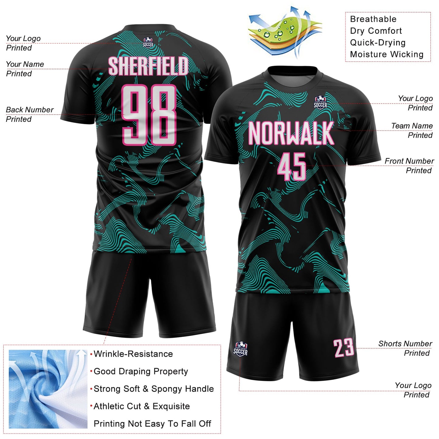 Custom Black White Aqua-Pink Curve Lines Sports Sublimation Soccer Uniform Jersey view 4