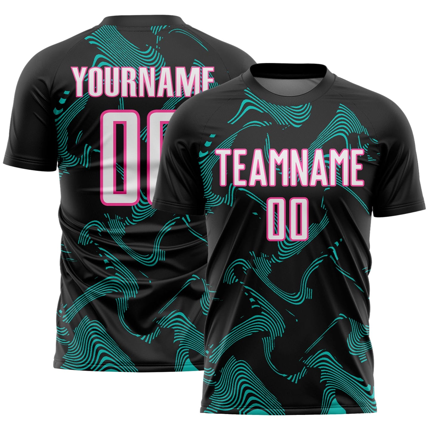 Custom Black White Aqua-Pink Curve Lines Sports Sublimation Soccer Uniform Jersey - Main View