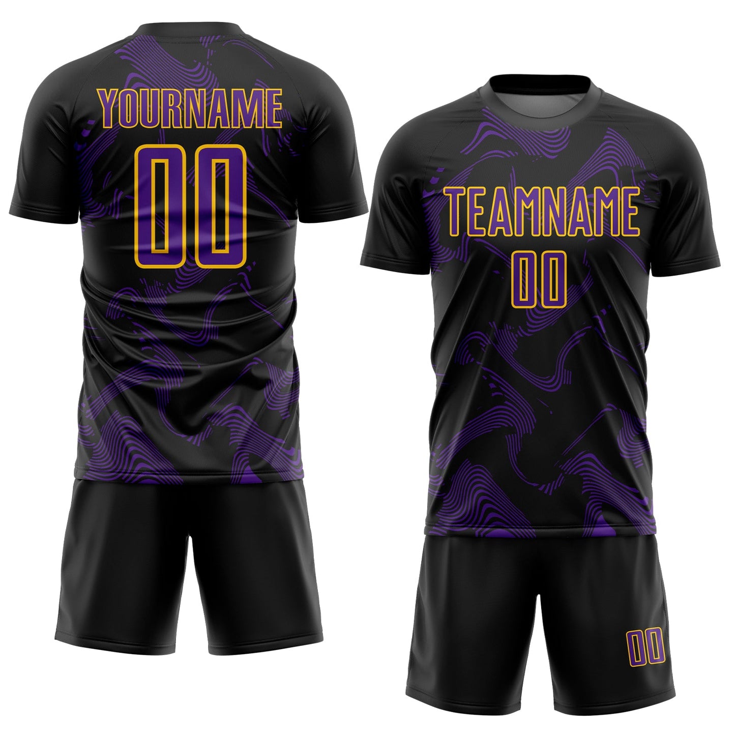 Custom Black Purple-Yellow Curve Lines Sports Sublimation Soccer Uniform Jersey view 2