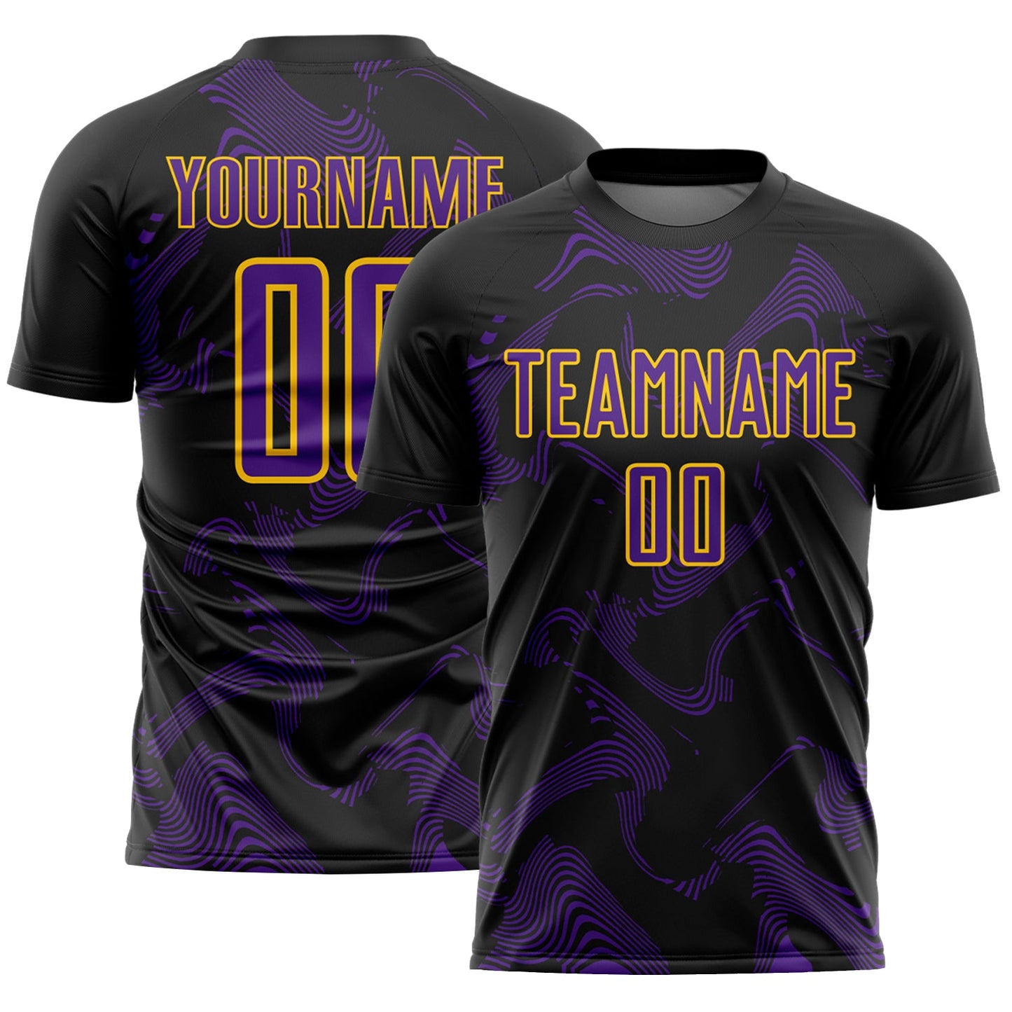 Custom Black Purple-Yellow Curve Lines Sports Sublimation Soccer Uniform Jersey - Main View