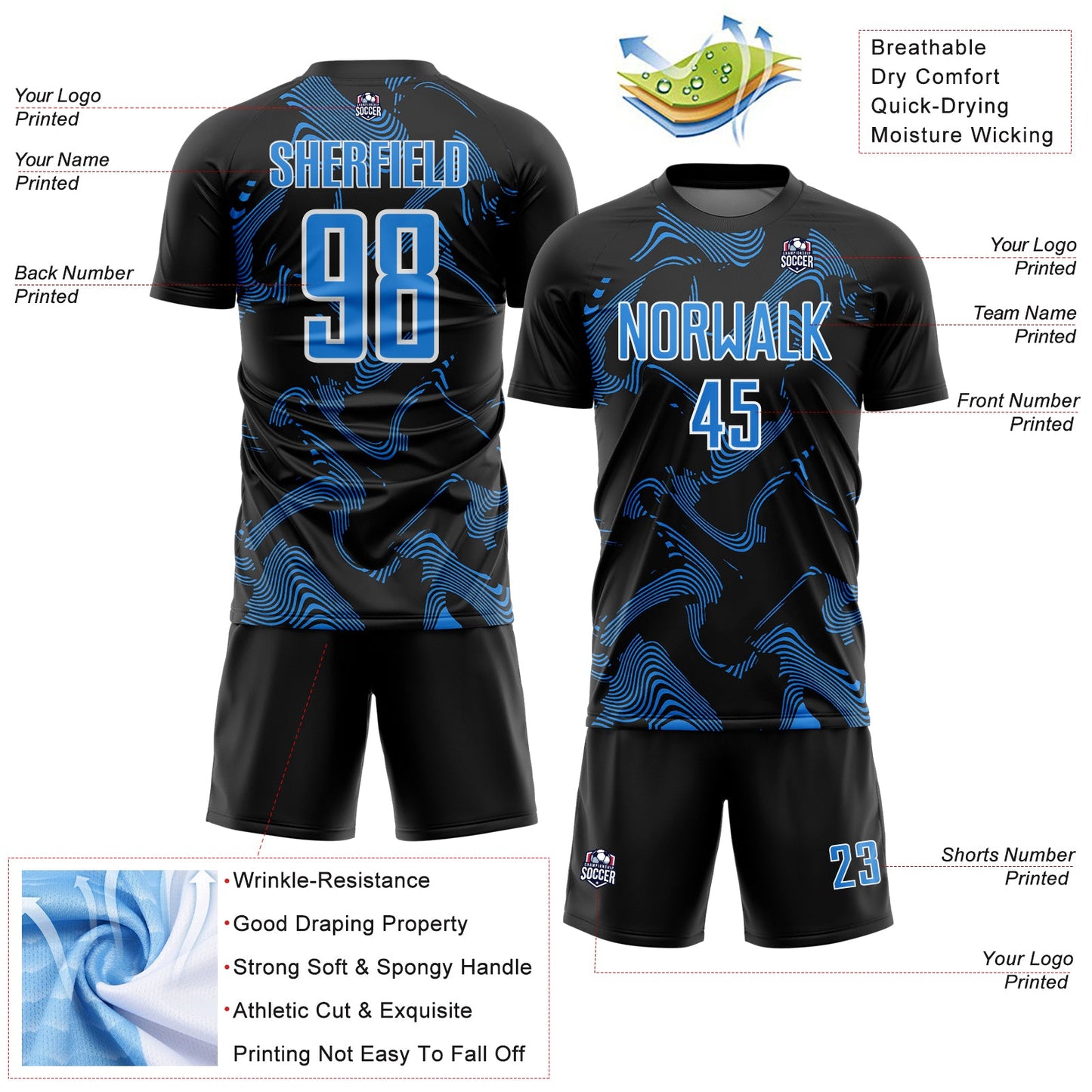 Custom Black Powder Blue-White Curve Lines Sports Sublimation Soccer Uniform Jersey view 4
