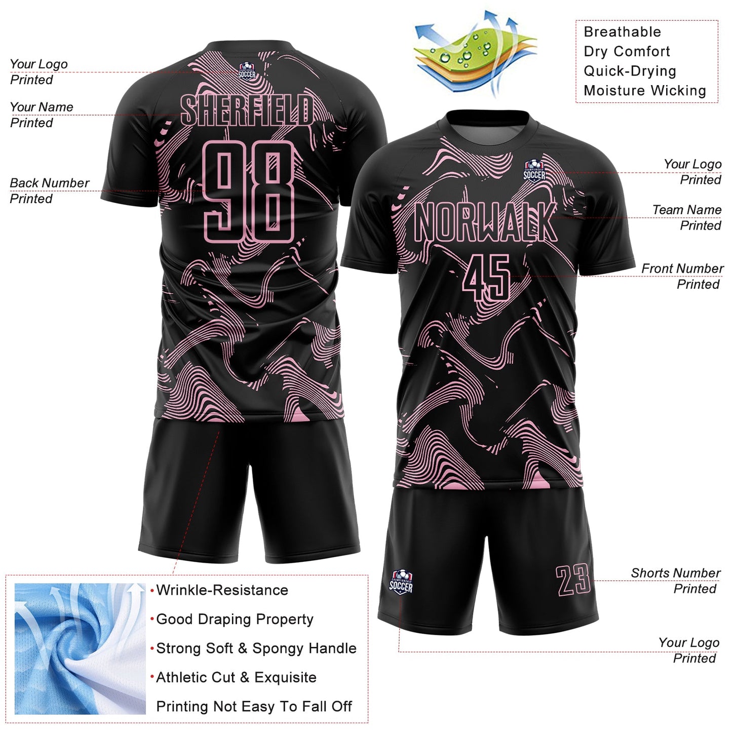 Custom Black Light Pink Curve Lines Sports Sublimation Soccer Uniform Jersey view 4