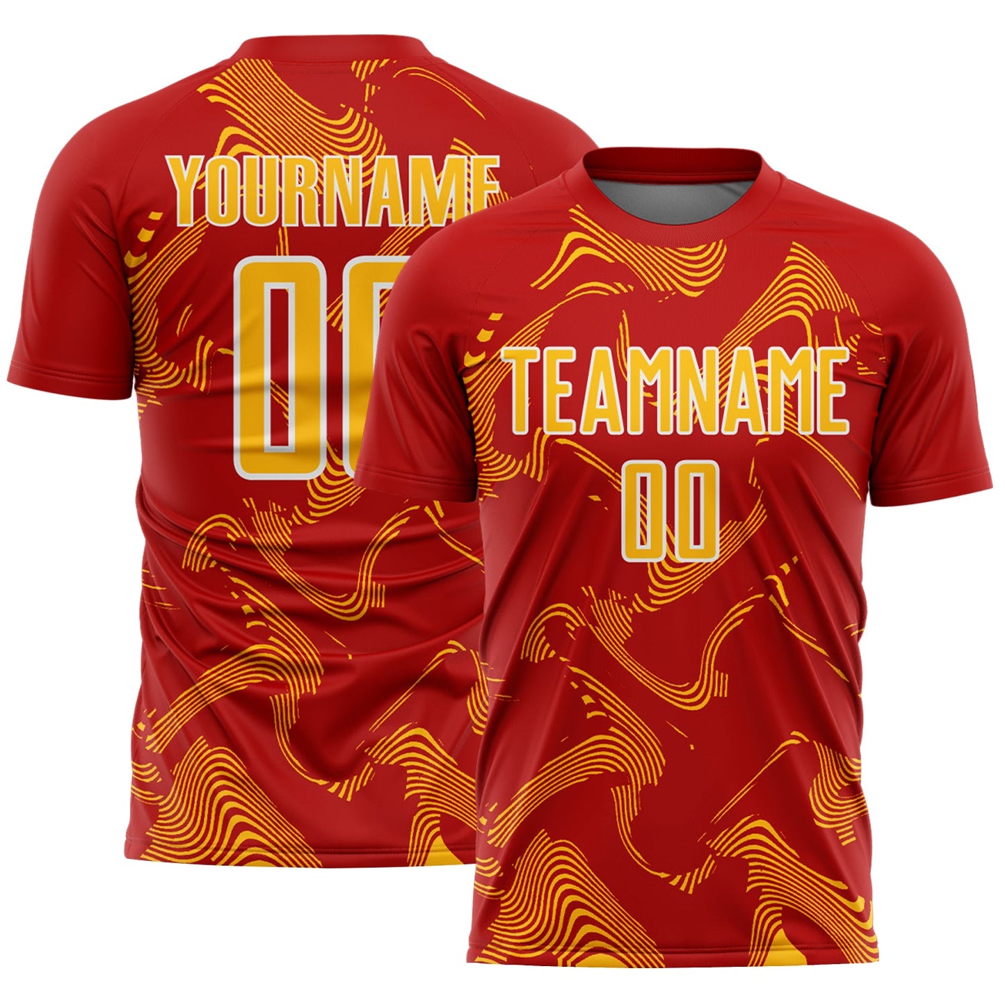 Custom Red Gold-White Curve Lines Sports Sublimation Soccer Uniform Jersey - Main View