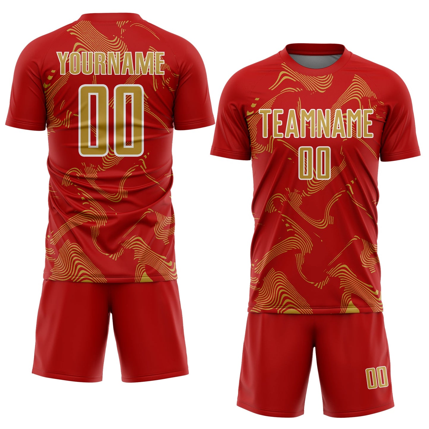 Custom Red Old Gold-White Curve Lines Sports Sublimation Soccer Uniform Jersey view 2