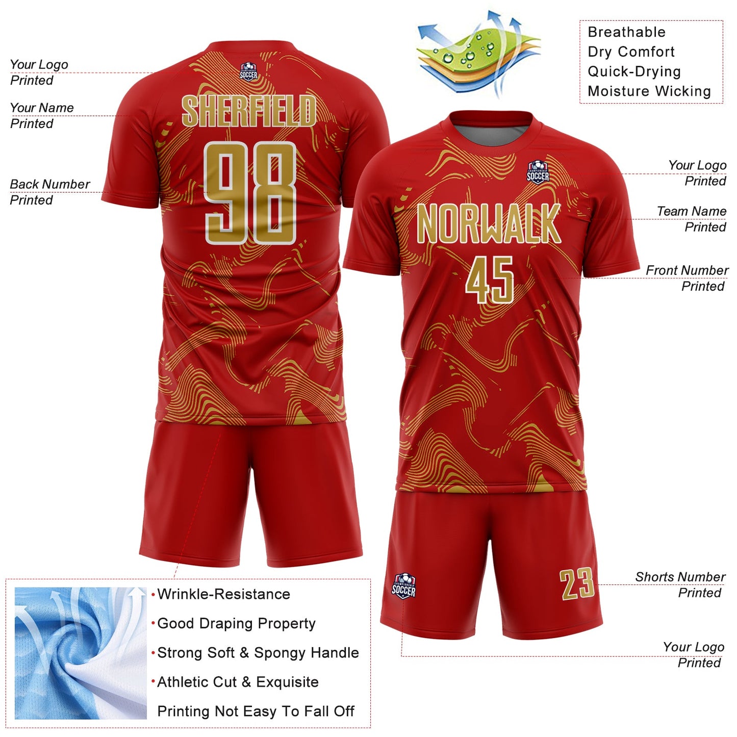 Custom Red Old Gold-White Curve Lines Sports Sublimation Soccer Uniform Jersey view 4