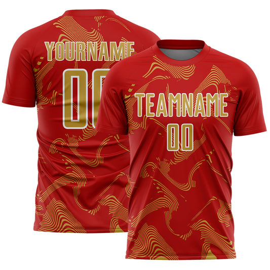 Custom Red Old Gold-White Curve Lines Sports Sublimation Soccer Uniform Jersey - Main View