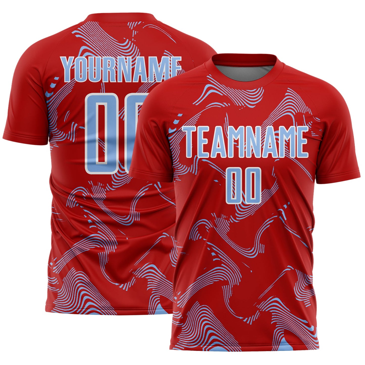 Custom Red Light Blue-White Curve Lines Sports Sublimation Soccer Uniform Jersey - Main View