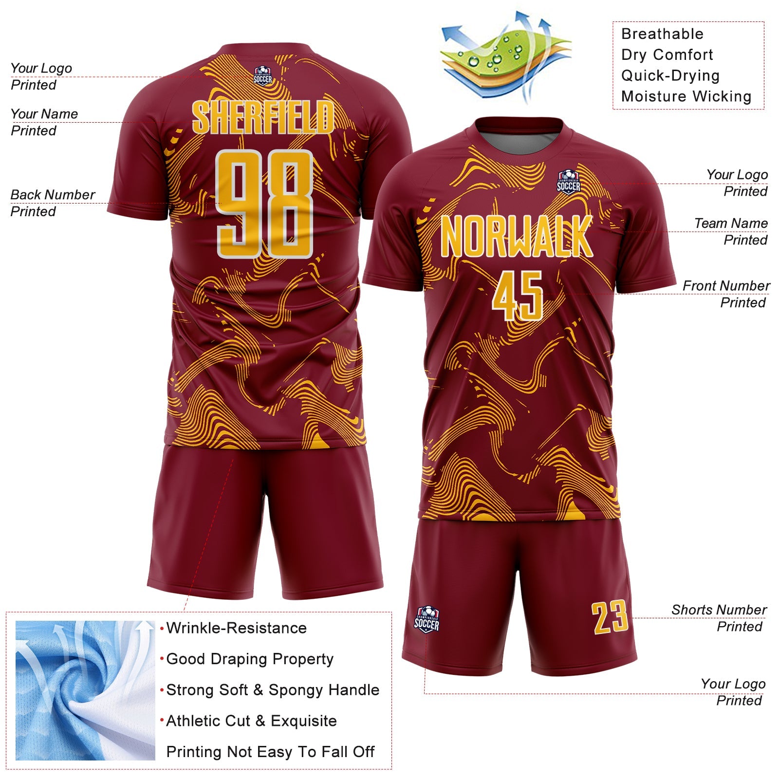 Custom Crimson Gold-White Curve Lines Sports Sublimation Soccer Uniform Jersey view 4