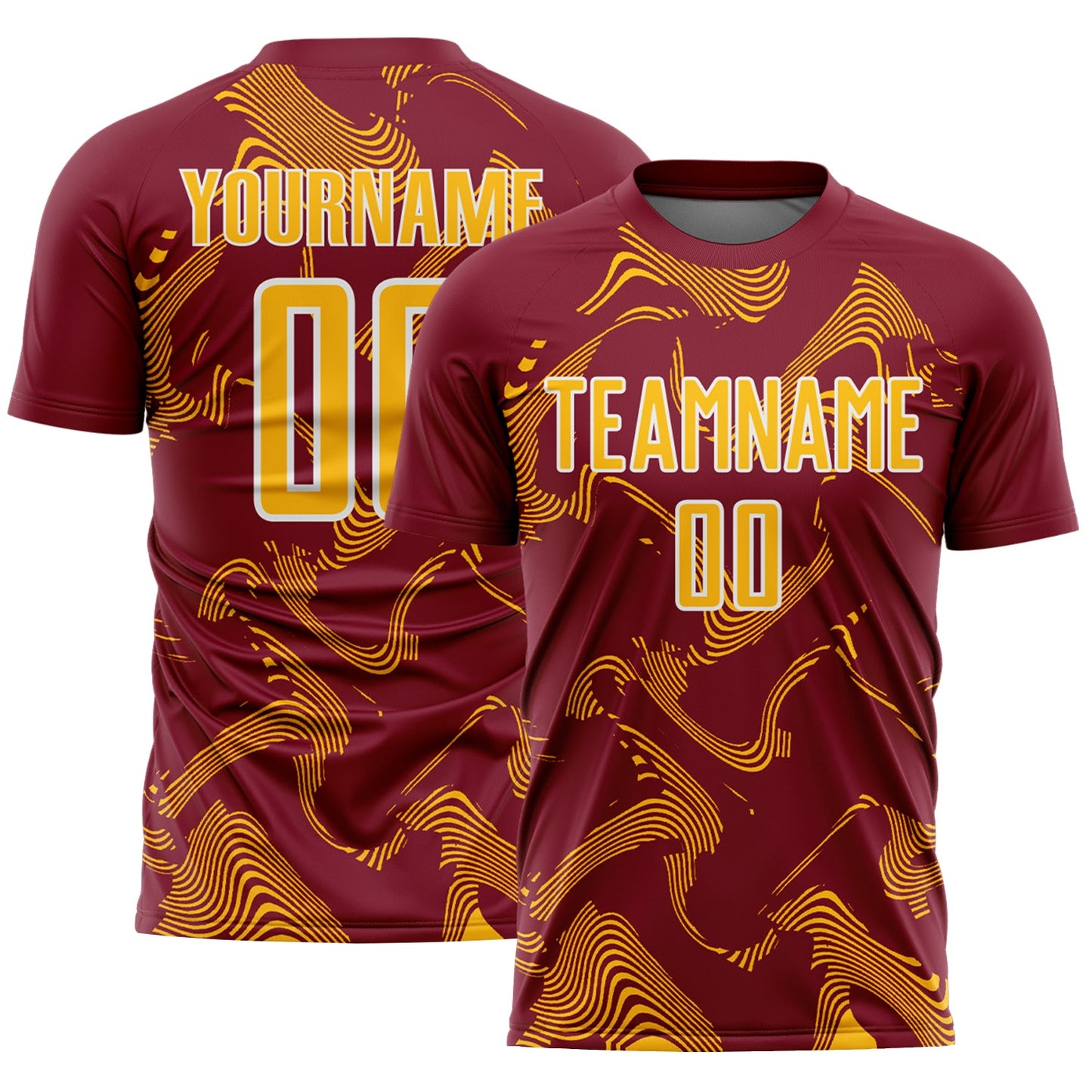 Custom Crimson Gold-White Curve Lines Sports Sublimation Soccer Uniform Jersey - Main View