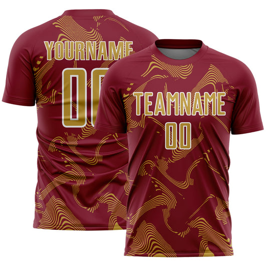 Custom Crimson Old Gold-White Curve Lines Sports Sublimation Soccer Uniform Jersey - Main View