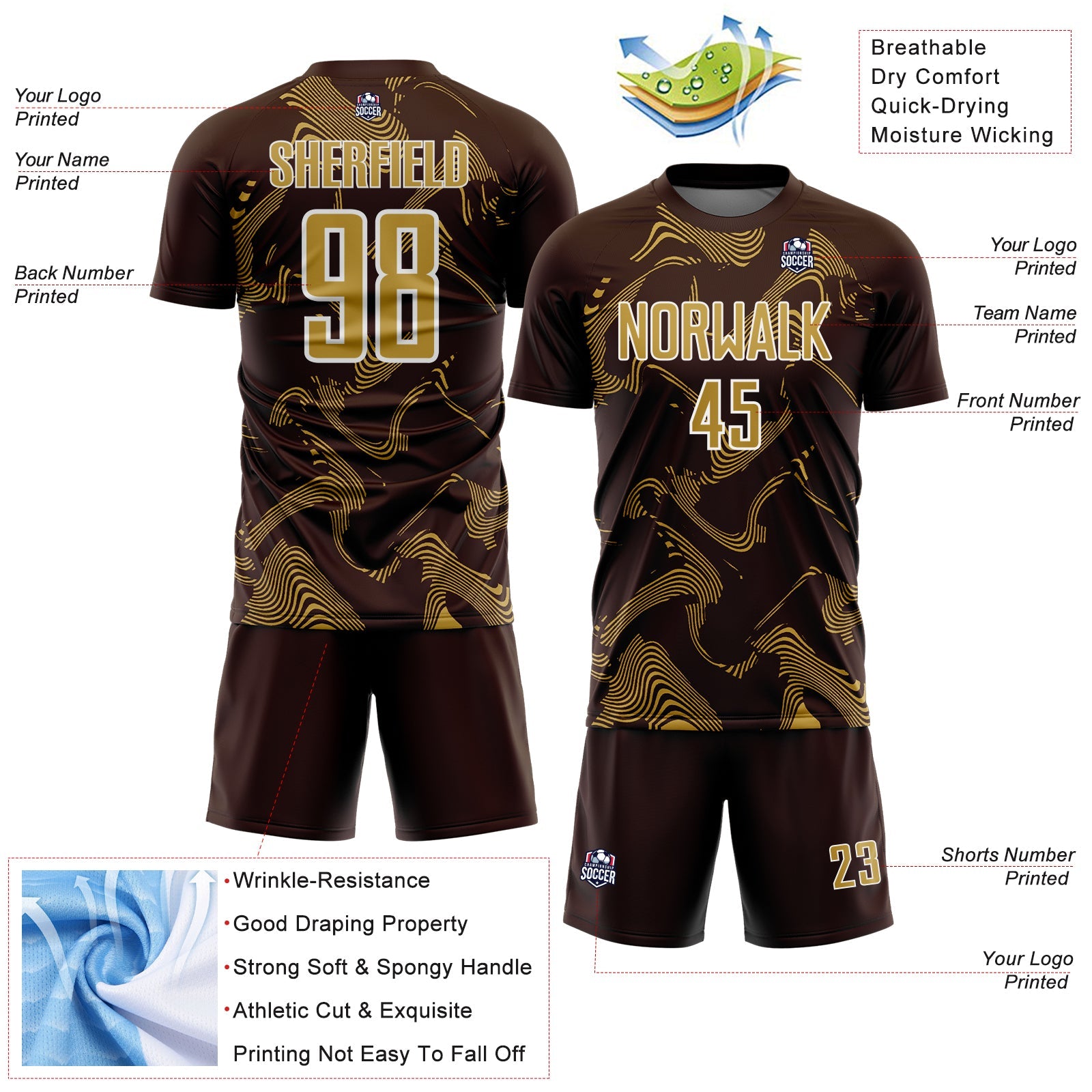Custom Brown Old Gold-White Curve Lines Sports Sublimation Soccer Uniform Jersey view 4